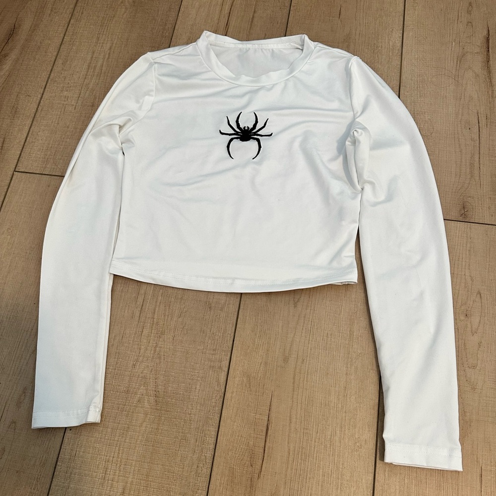 White Long Sleeve Crop Top with Black Spider Design
